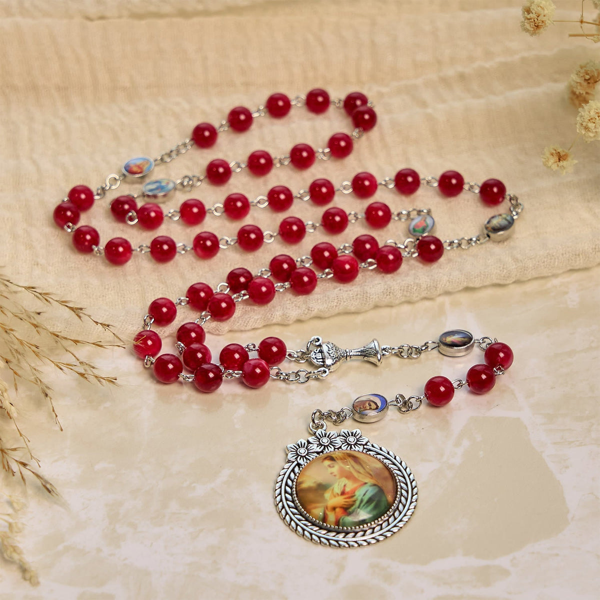 Elegant Burgundy 8mm Round Beads Rosary with Flower Carved Our Lady Medal & Holy Grail