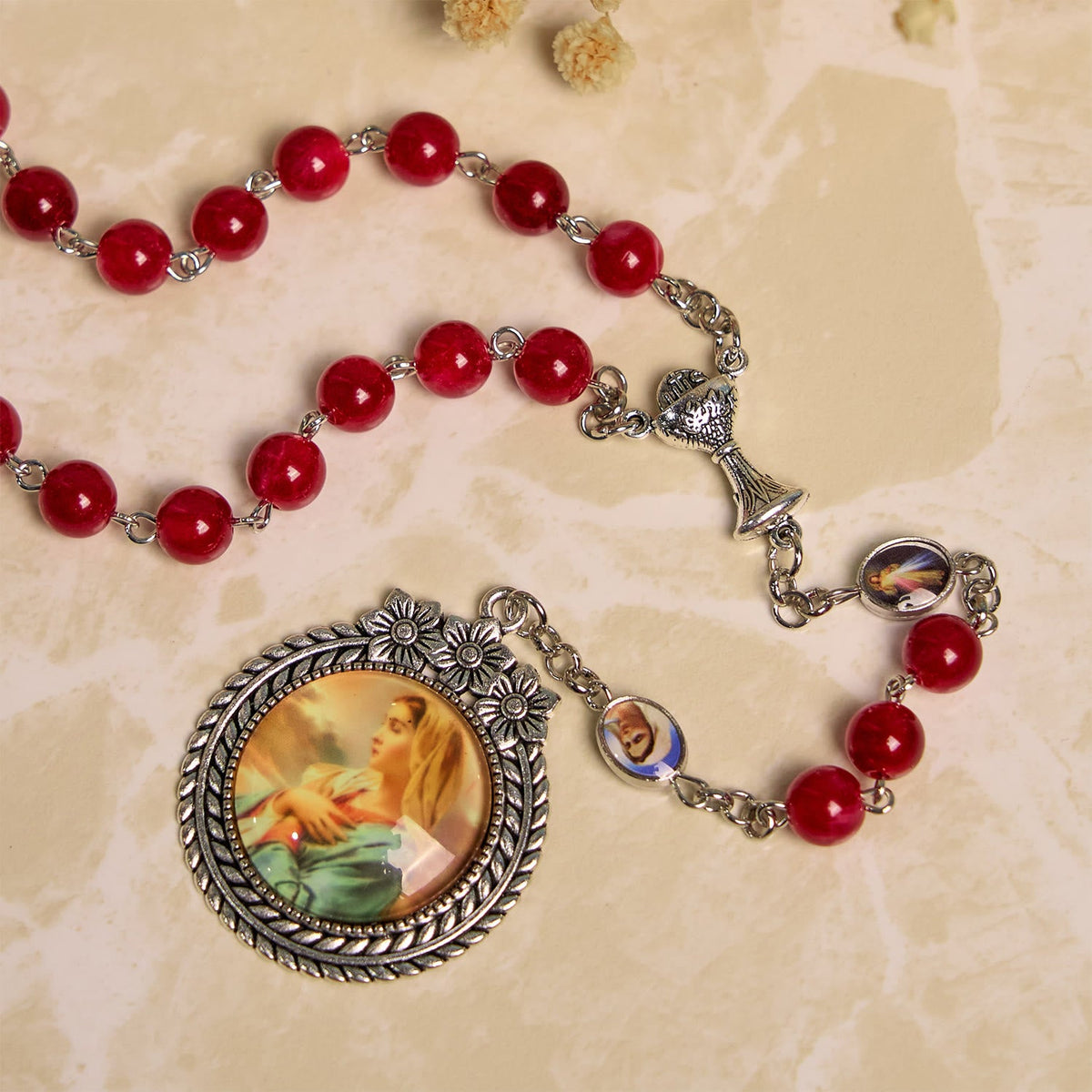 Elegant Burgundy 8mm Round Beads Rosary with Flower Carved Our Lady Medal & Holy Grail