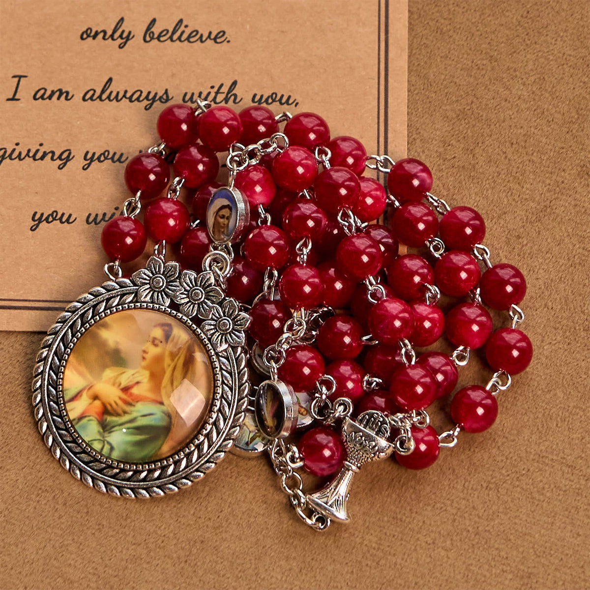 Elegant Burgundy 8mm Round Beads Rosary with Flower Carved Our Lady Medal & Holy Grail