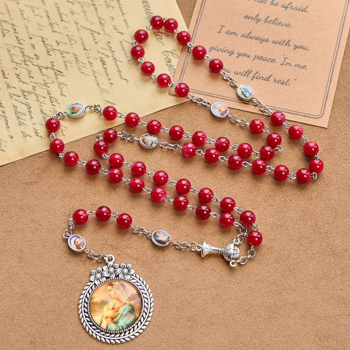 Elegant Burgundy 8mm Round Beads Rosary with Flower Carved Our Lady Medal & Holy Grail