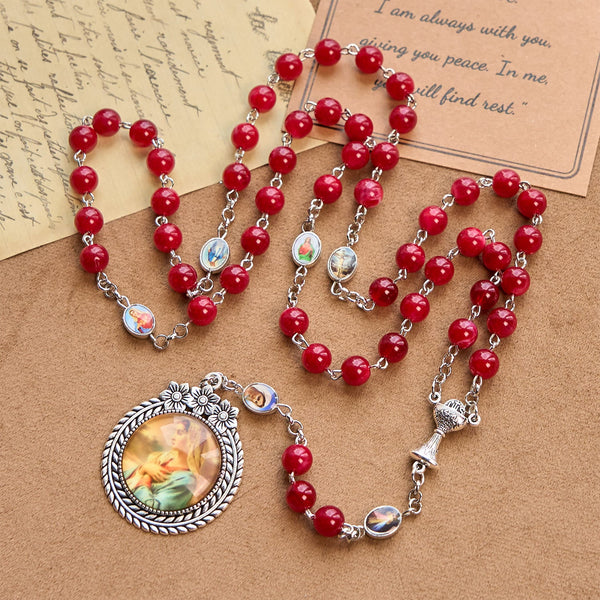 Elegant Burgundy 8mm Round Beads Rosary with Flower Carved Our Lady Medal & Holy Grail