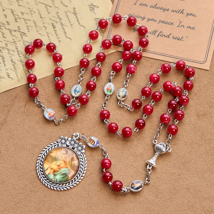 Elegant Burgundy 8mm Round Beads Rosary with Flower Carved Our Lady Medal & Holy Grail