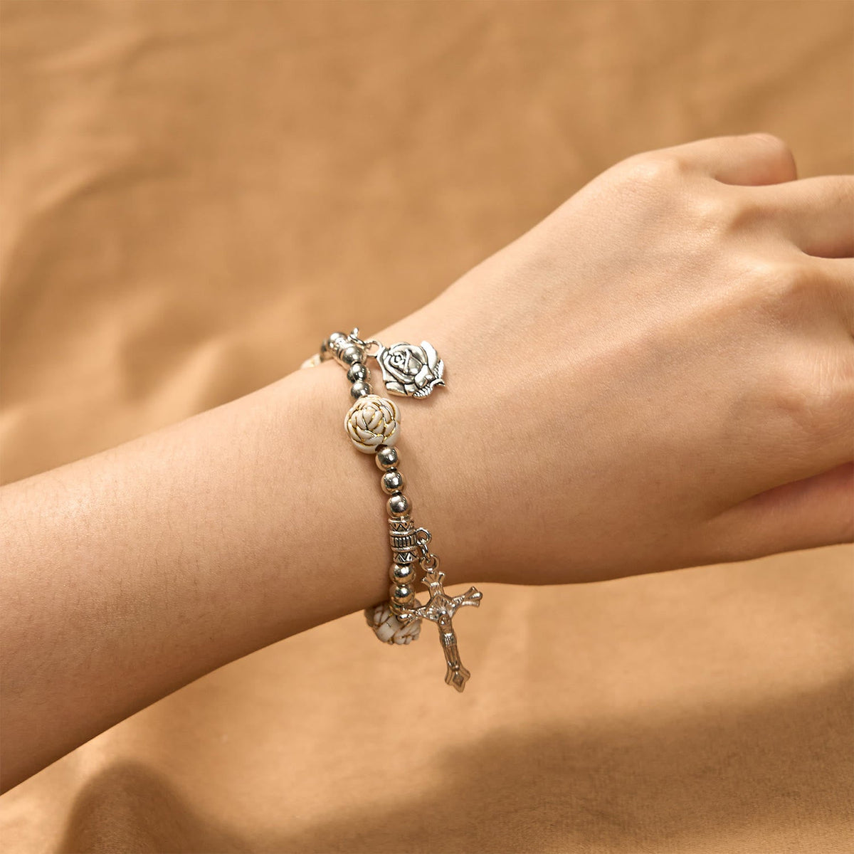 Artistically Sculpted 10mm White Rose Bead Rosary Bracelet with Crucifix