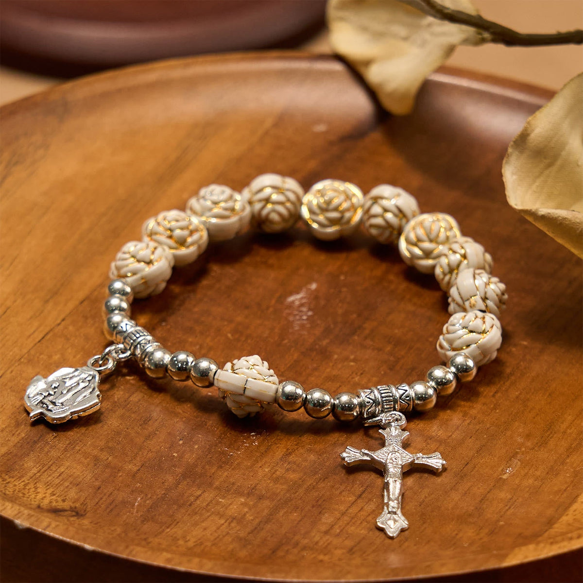 Artistically Sculpted 10mm White Rose Bead Rosary Bracelet with Crucifix