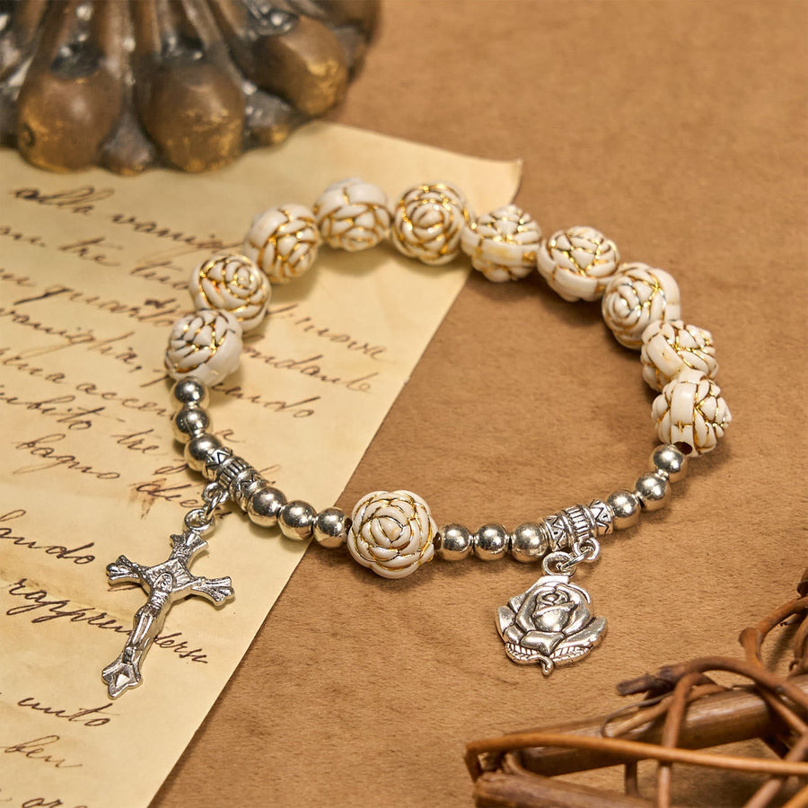 Artistically Sculpted 10mm White Rose Bead Rosary Bracelet with Crucifix