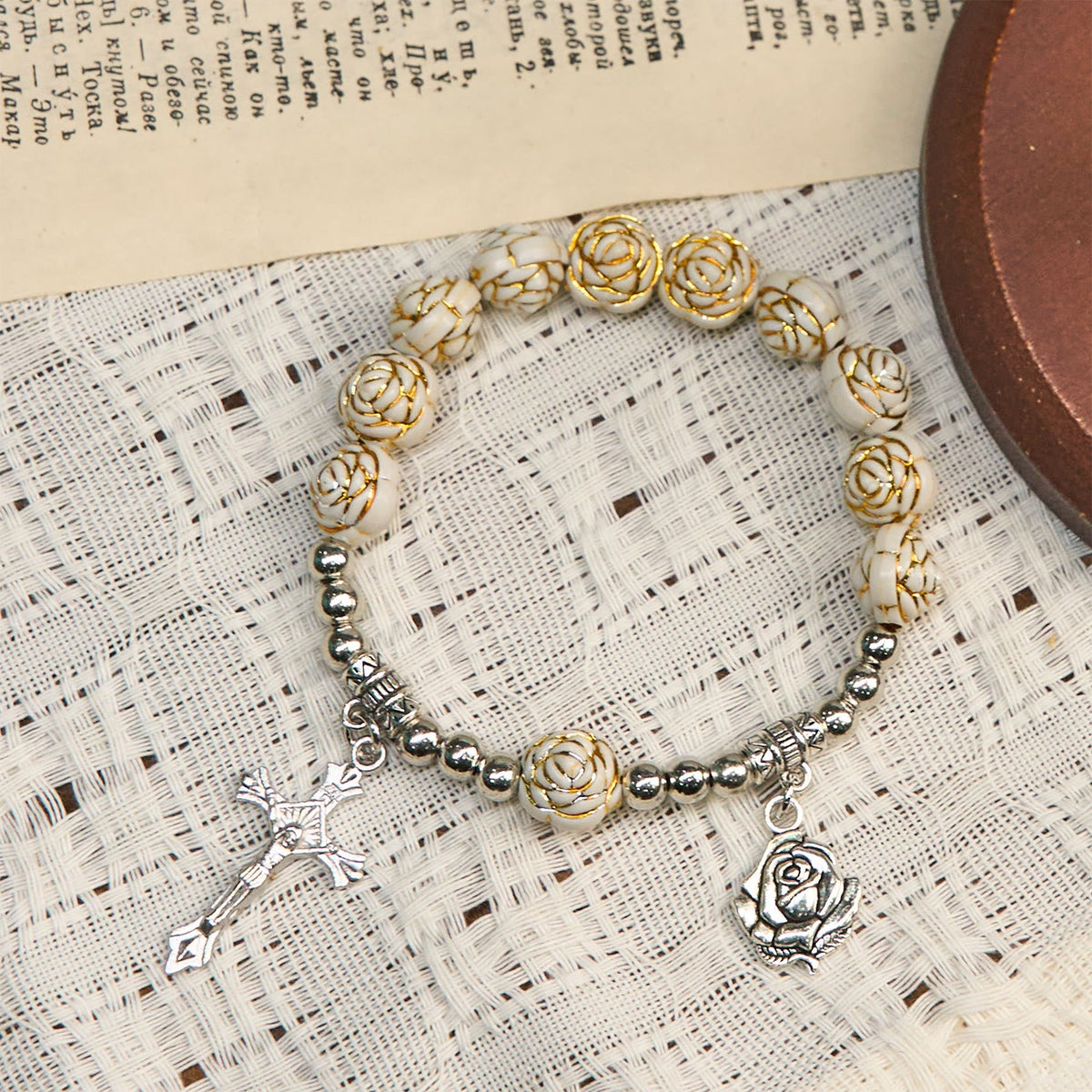 Artistically Sculpted 10mm White Rose Bead Rosary Bracelet with Crucifix