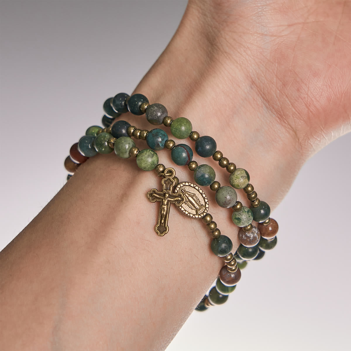 Earth-Toned Multicolor Round Beads with Bronze Miraculous Medal & Crucifix Rosary and Bracelet