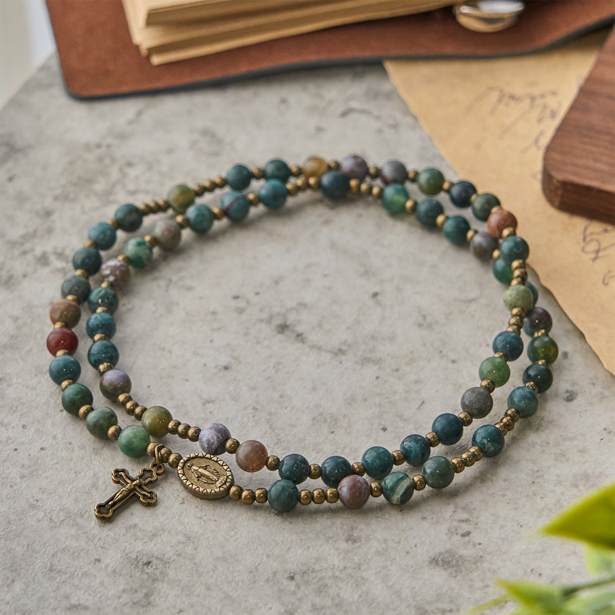 Earth-Toned Multicolor Round Beads with Bronze Miraculous Medal & Crucifix Rosary and Bracelet