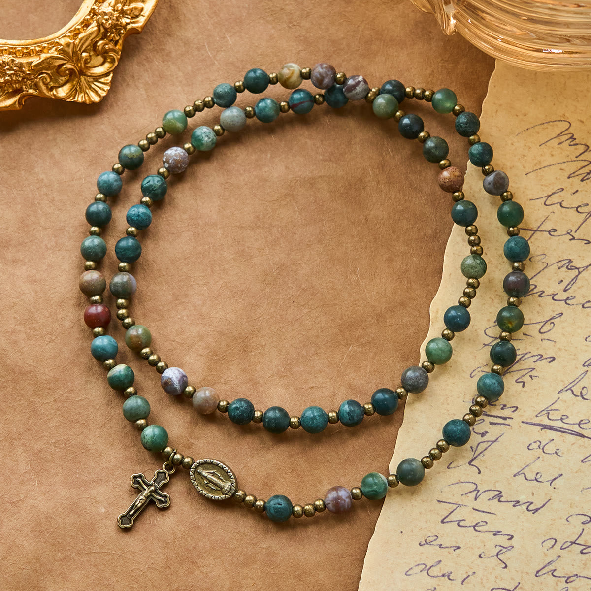 Earth-Toned Multicolor Round Beads with Bronze Miraculous Medal & Crucifix Rosary and Bracelet
