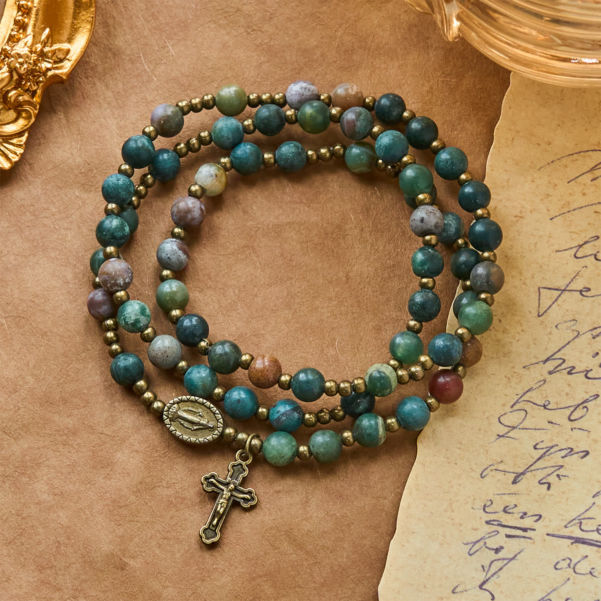 Earth-Toned Multicolor Round Beads with Bronze Miraculous Medal & Crucifix Rosary and Bracelet