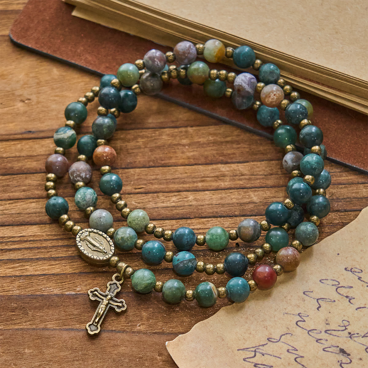 Earth-Toned Multicolor Round Beads with Bronze Miraculous Medal & Crucifix Rosary and Bracelet
