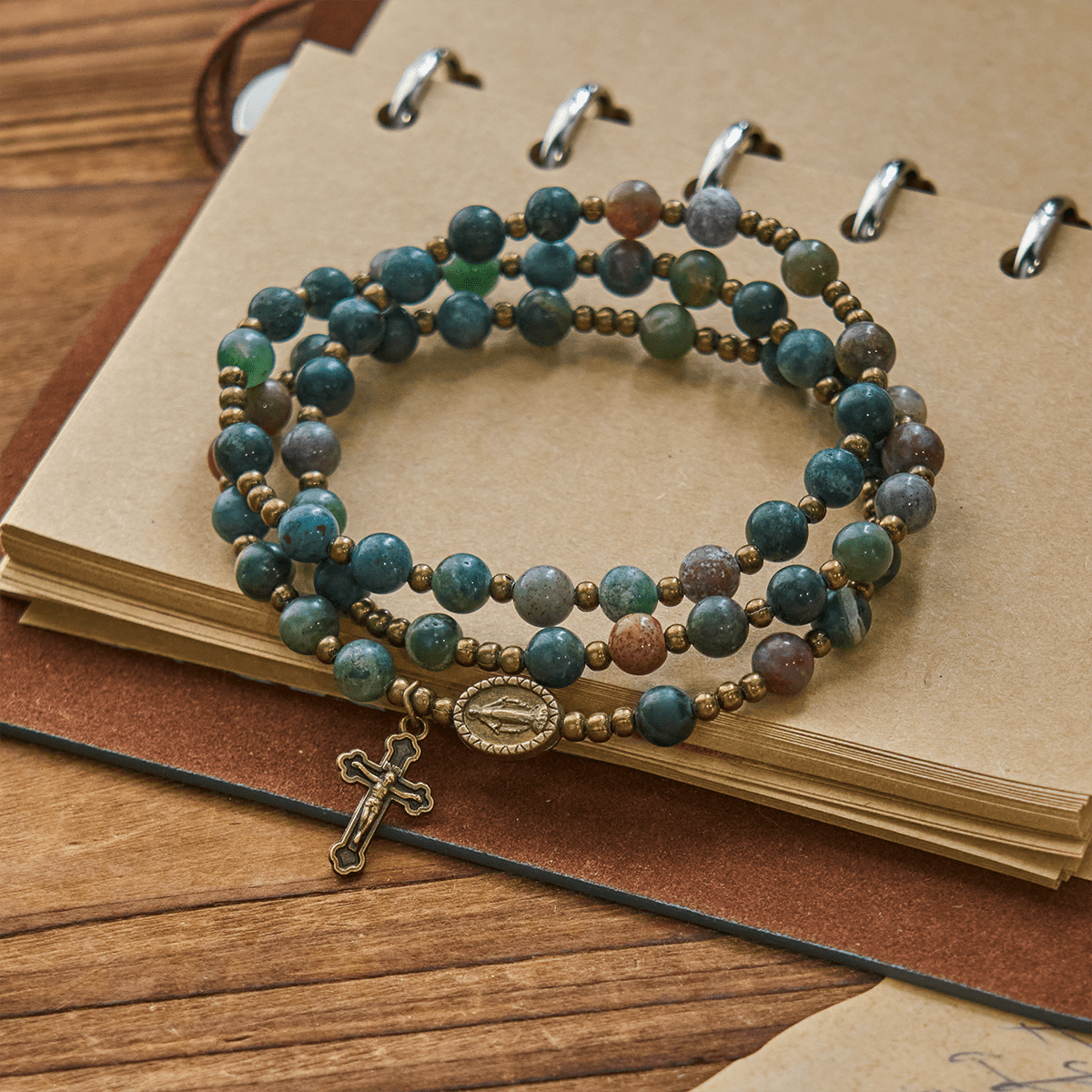 Earth-Toned Multicolor Round Beads with Bronze Miraculous Medal & Crucifix Rosary and Bracelet