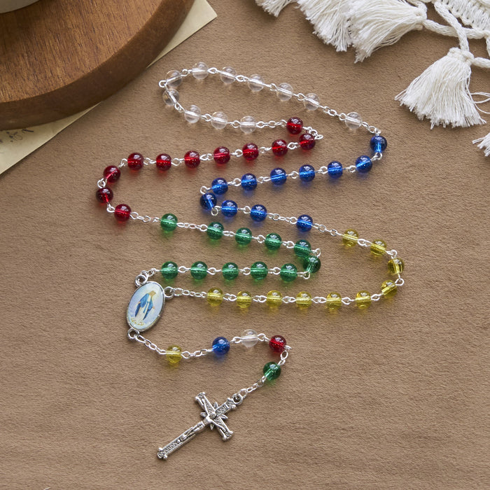 Holy Virgin Mary Pendant and Crucifix of 6mm Transparent Multicolor Rainbow Beads Rosary