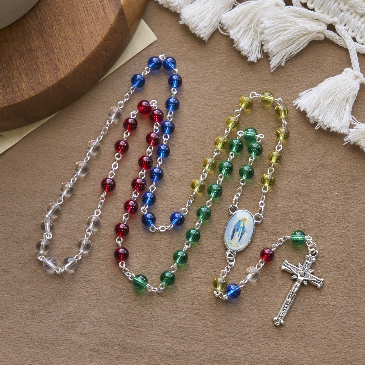 PRAYERFUL FAITH: 6mm Transparent Multicolor Rainbow Beads Rosary with Gift Card