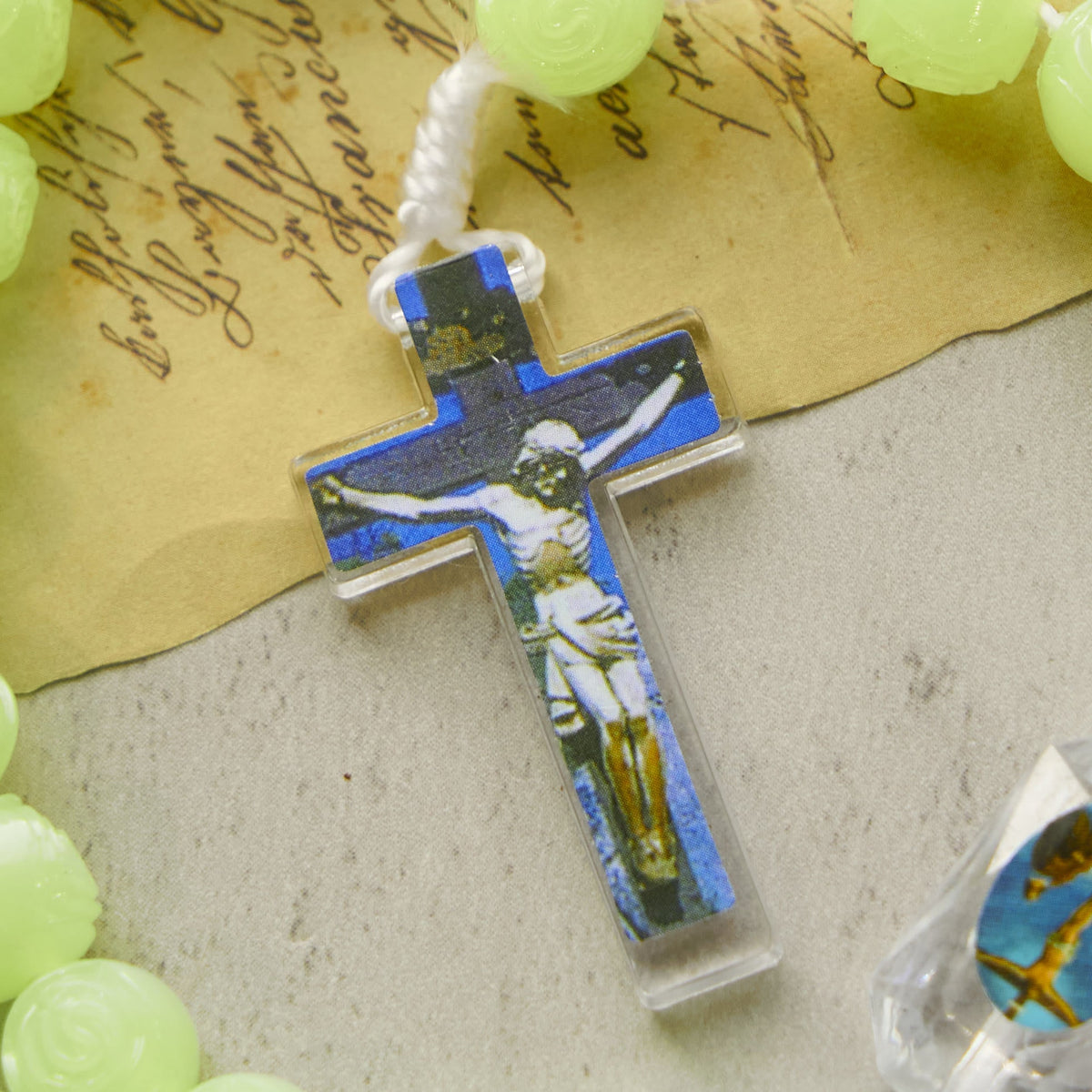 Glow-in-the-Dark Green Beads Rosary with Vibrant Holy Virgin Saint Pendant & Crucifix