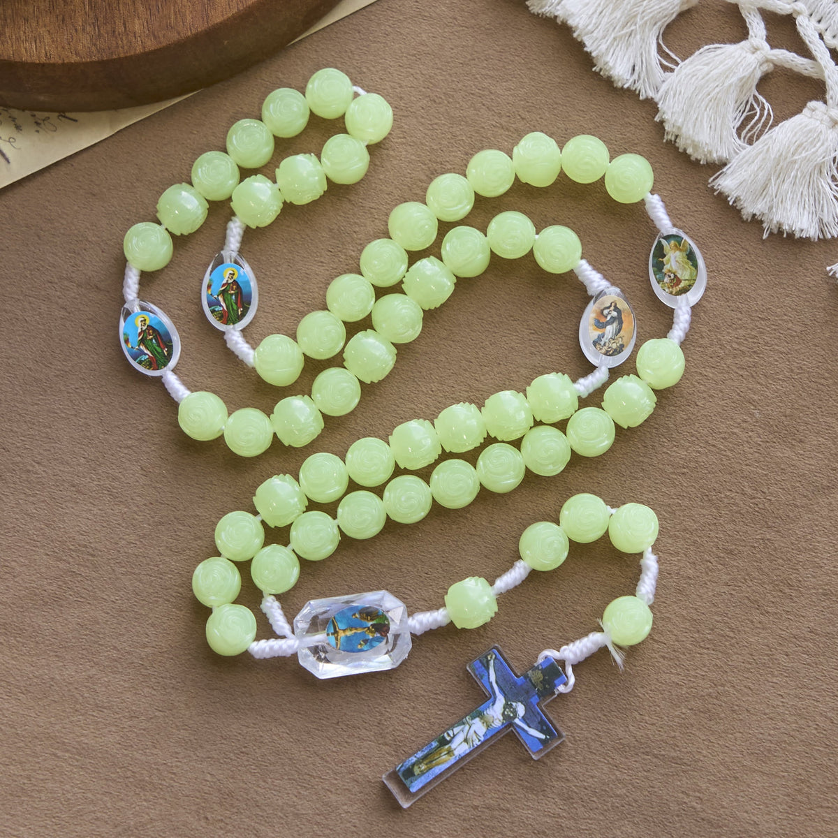 Glow-in-the-Dark Green Beads Rosary with Vibrant Holy Virgin Saint Pendant & Crucifix