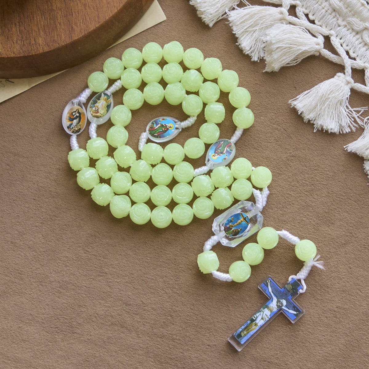 Glow-in-the-Dark Green Beads Rosary with Vibrant Holy Virgin Saint Pendant & Crucifix