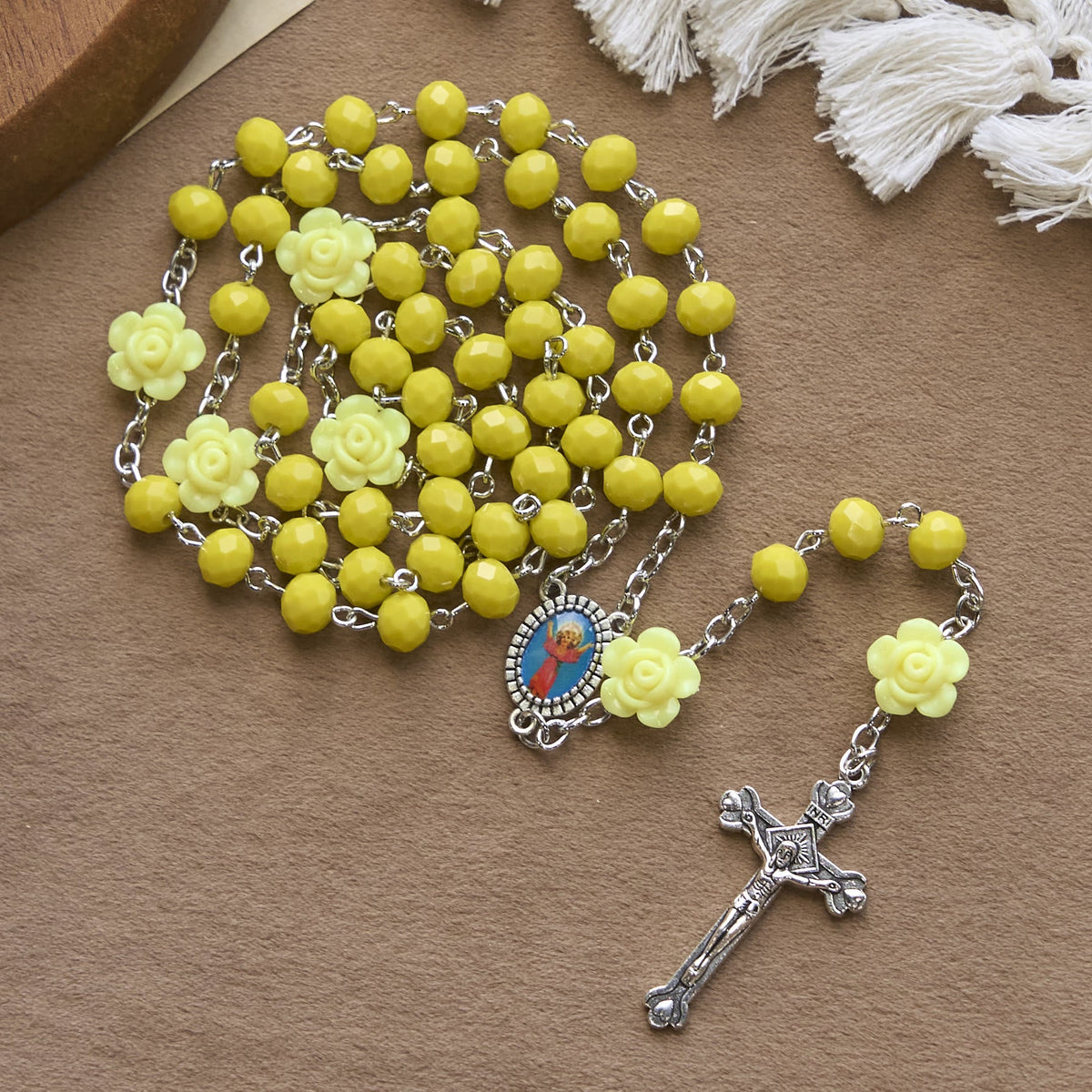 Floral Rose Beads and 8mm Multicolor Polyhedral Rosary with Virgin Mary Charm & Crucifix