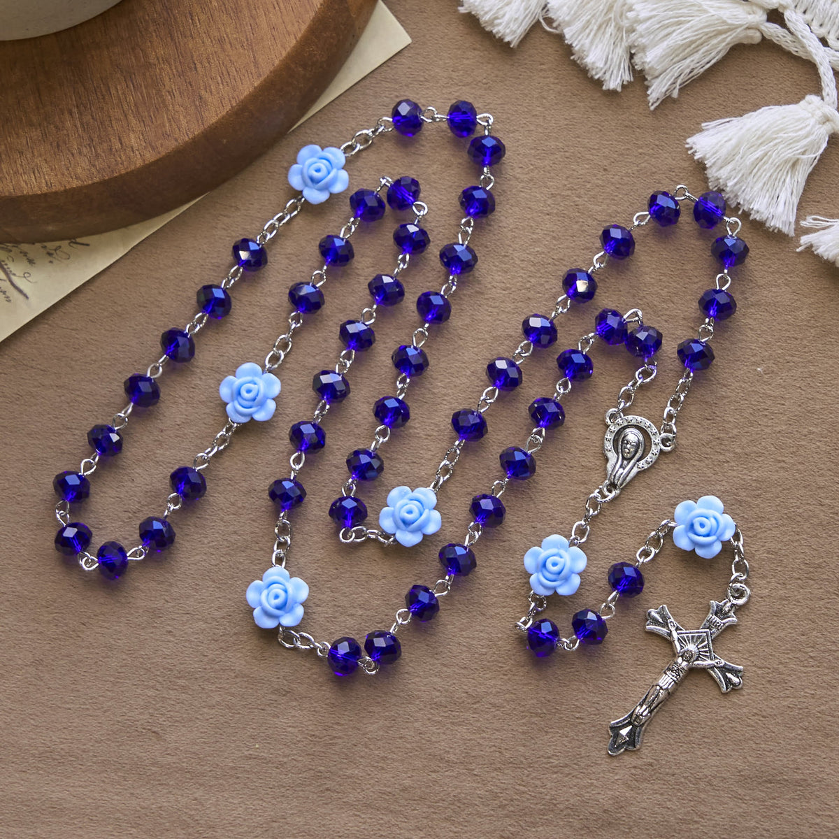 Floral Rose Beads and 8mm Multicolor Polyhedral Rosary with Virgin Mary Charm & Crucifix