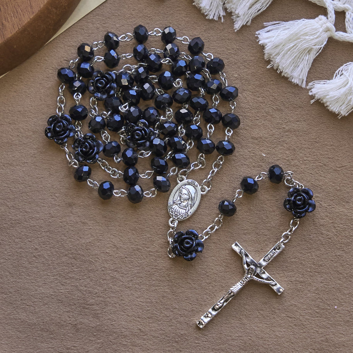 Floral Rose Beads and 8mm Multicolor Polyhedral Rosary with Virgin Mary Charm & Crucifix
