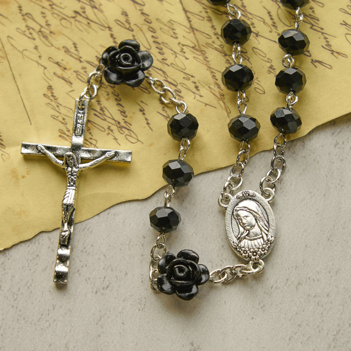 Floral Rose Beads and 8mm Multicolor Polyhedral Rosary with Virgin Mary Charm & Crucifix