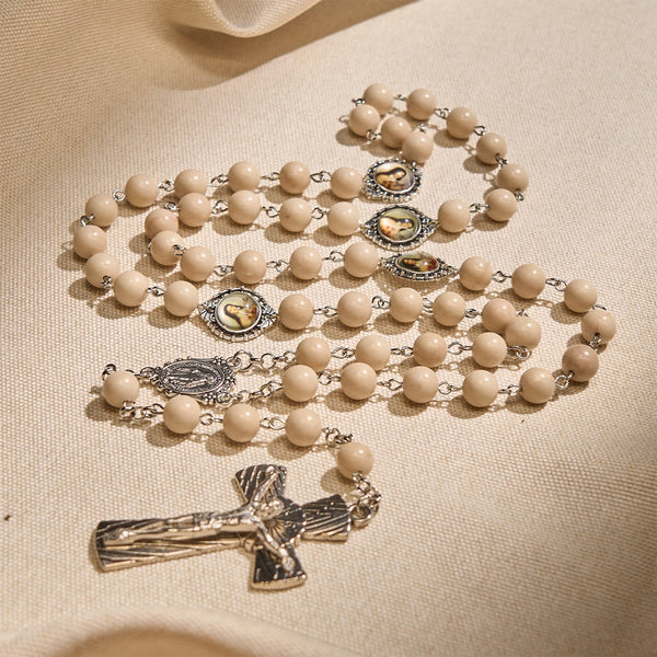 Minimalist St. Therese & Miraculous Medal Rosary of Polished White Stone with Crucifix