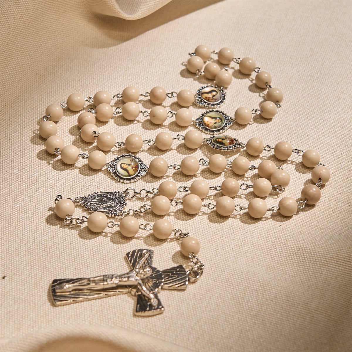 Minimalist St. Therese & Miraculous Medal Rosary of Polished White Stone with Crucifix