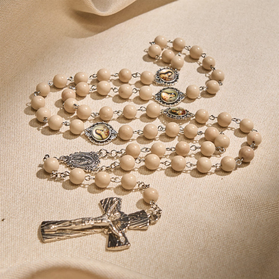 Minimalist St. Therese & Miraculous Medal Rosary of Polished White Stone with Crucifix