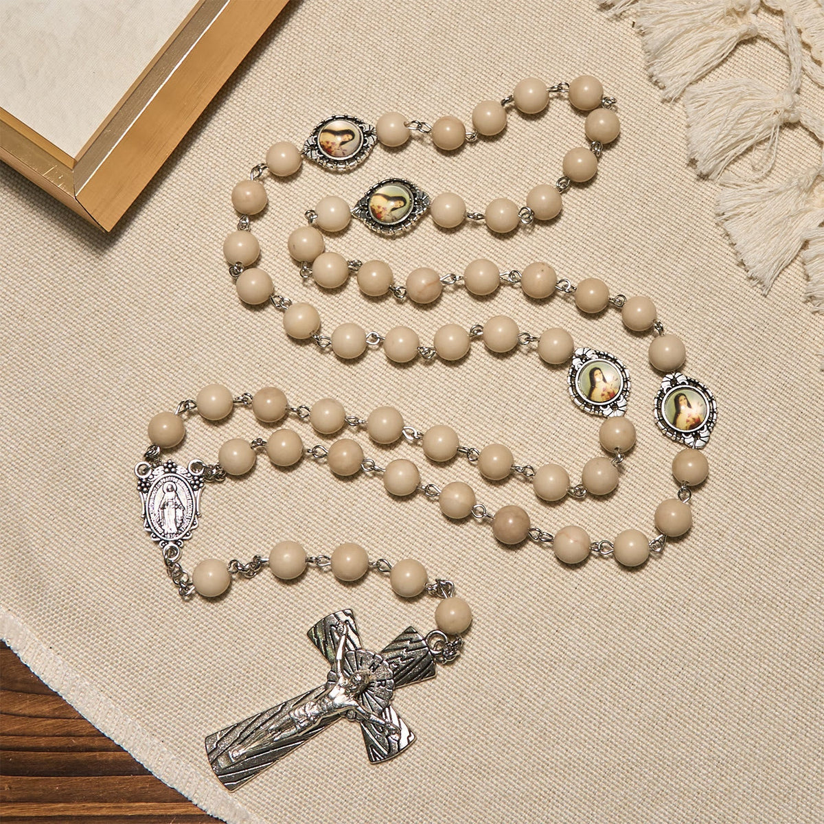 Minimalist St. Therese & Miraculous Medal Rosary of Polished White Stone with Crucifix