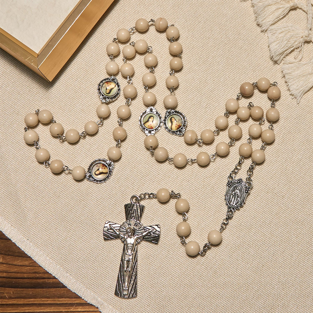 Minimalist St. Therese & Miraculous Medal Rosary of Polished White Stone with Crucifix