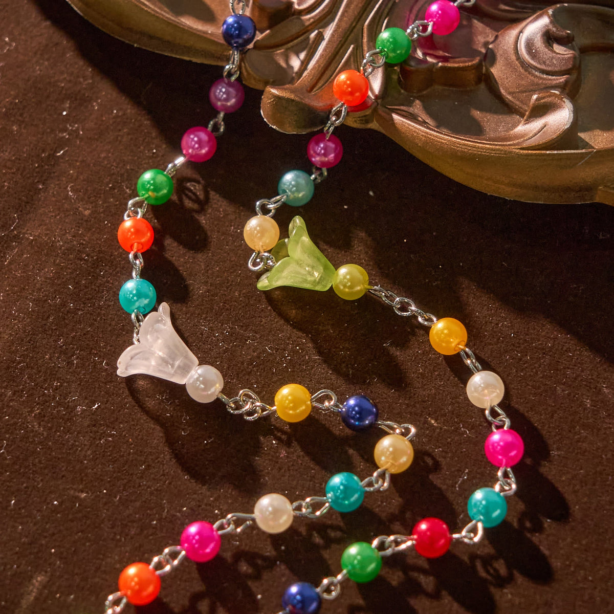 Artisan Vibrant Colorful Rainbow Beads Rosary with Divine Mercy Medal and Lily Accent