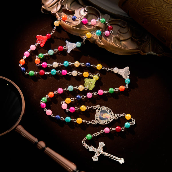 Artisan Vibrant Colorful Rainbow Beads Rosary with Divine Mercy Medal and Lily Accent