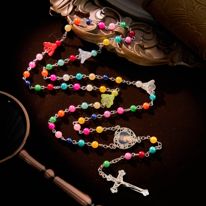 Artisan Vibrant Colorful Rainbow Beads Rosary with Divine Mercy Medal and Lily Accent