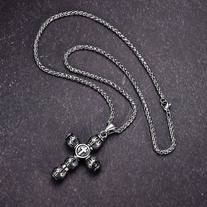 Flame-Pattern Thick Cylinder Cross Necklace with Raised Center Emblem