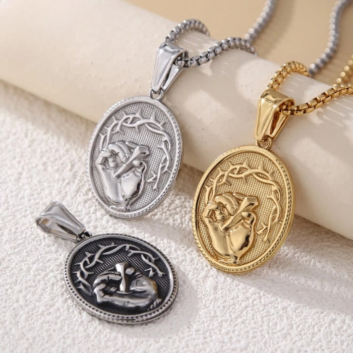 Classic Three-Tone Engraved Oval Pendant with Jesus Holy Hand & Thorn Crown