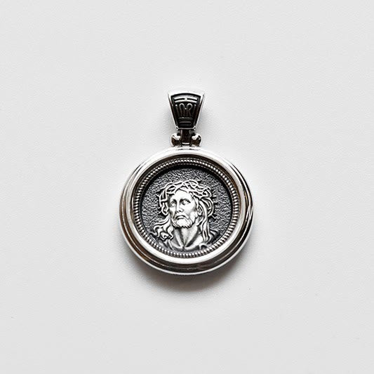 Sterling Dual-Face Medal Necklace with Crown of Thorns & Our Lady of Sorrows
