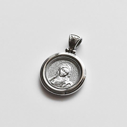 Sterling Dual-Face Medal Necklace with Crown of Thorns & Our Lady of Sorrows