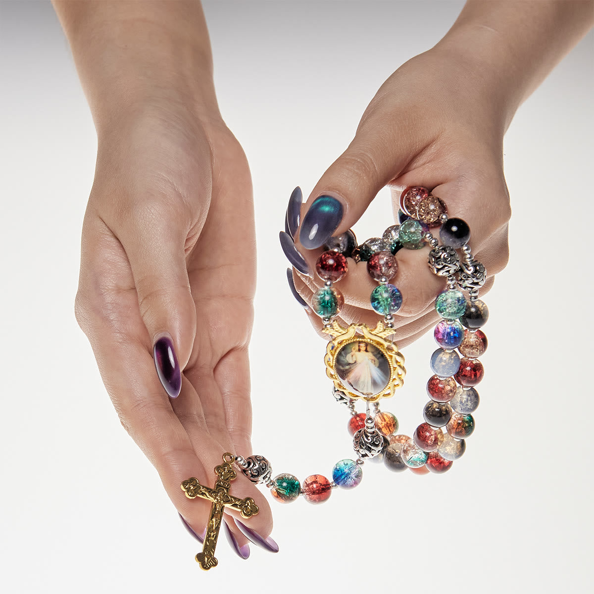 PRAYERFUL FAITH: Handmade Gradient Multicolor Glass Bead & Brass Crucifix Rosary with Gift Card