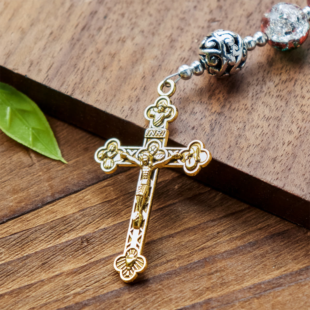 PRAYERFUL FAITH: Handmade Gradient Multicolor Glass Bead & Brass Crucifix Rosary with Gift Card