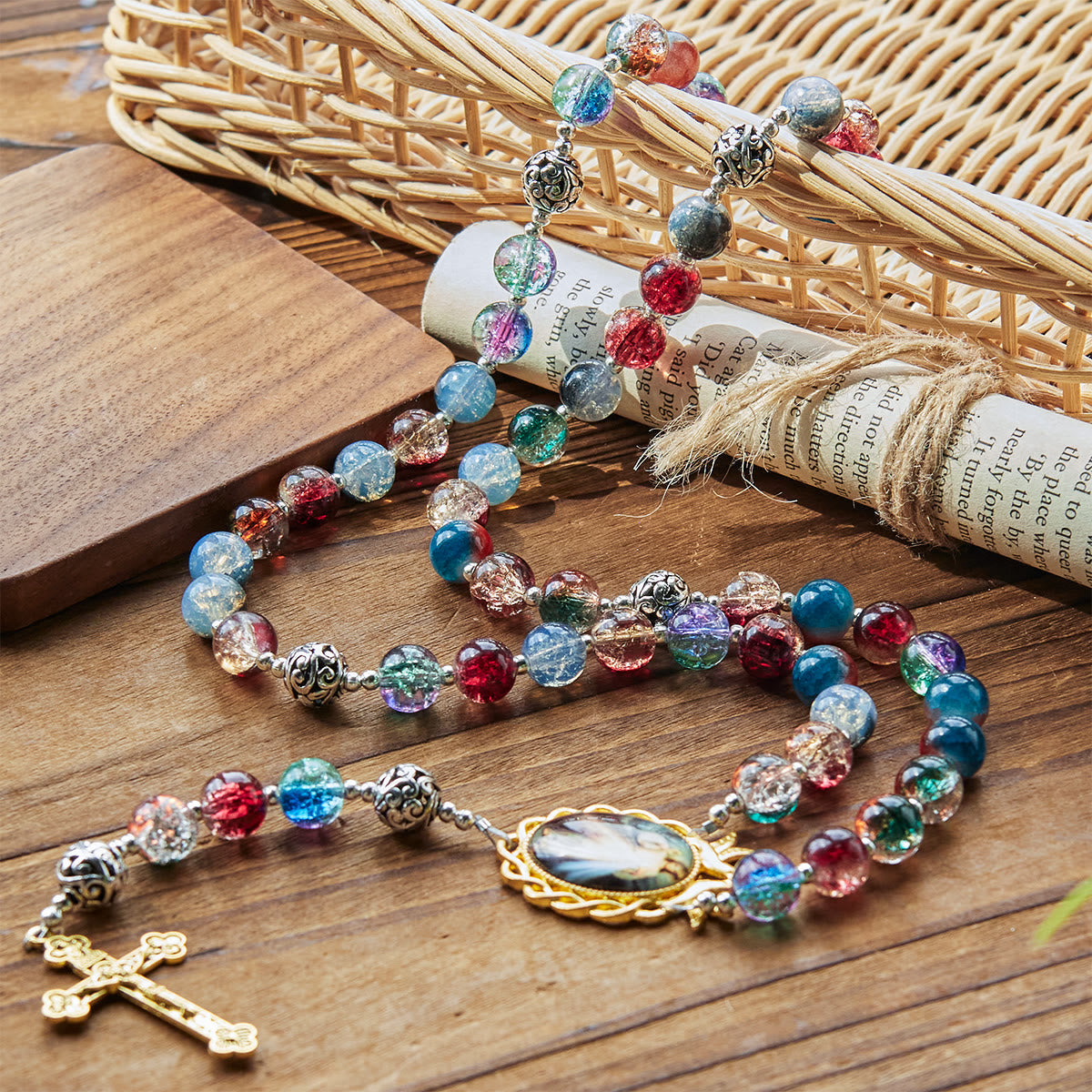 PRAYERFUL FAITH: Handmade Gradient Multicolor Glass Bead & Brass Crucifix Rosary with Gift Card