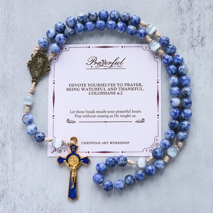 PRAYERFUL FAITH: Round Blue Stone Nylon Cord Rosary with Gift Card