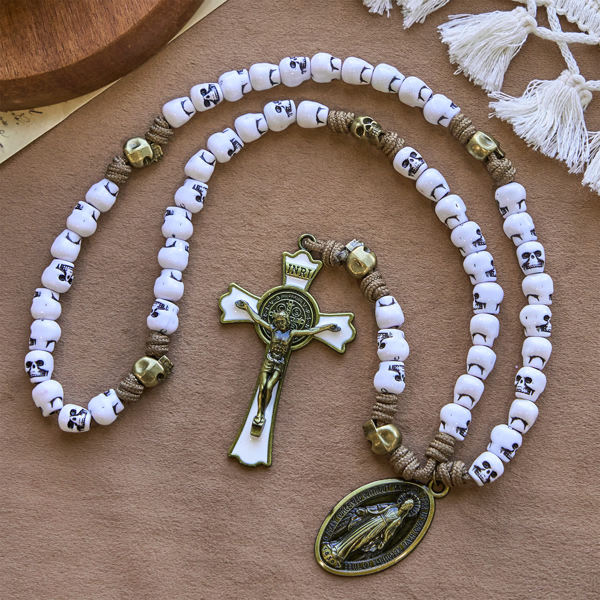 Rebel Style White Skull Beads with Miraculous Medal & INRI Crucifix Rosary