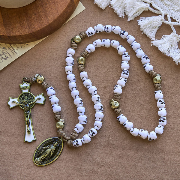 Rebel Style White Skull Beads with Miraculous Medal & INRI Crucifix Rosary