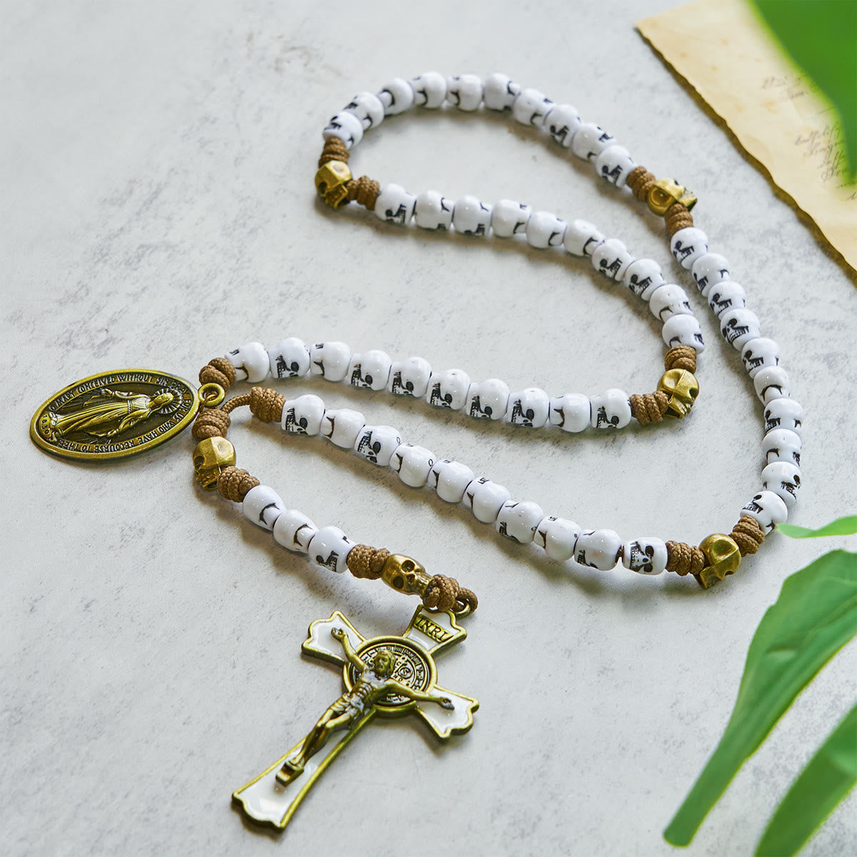 PRAYERFUL FAITH: Rebel Style White Skull Beads Rosary with Gift Card