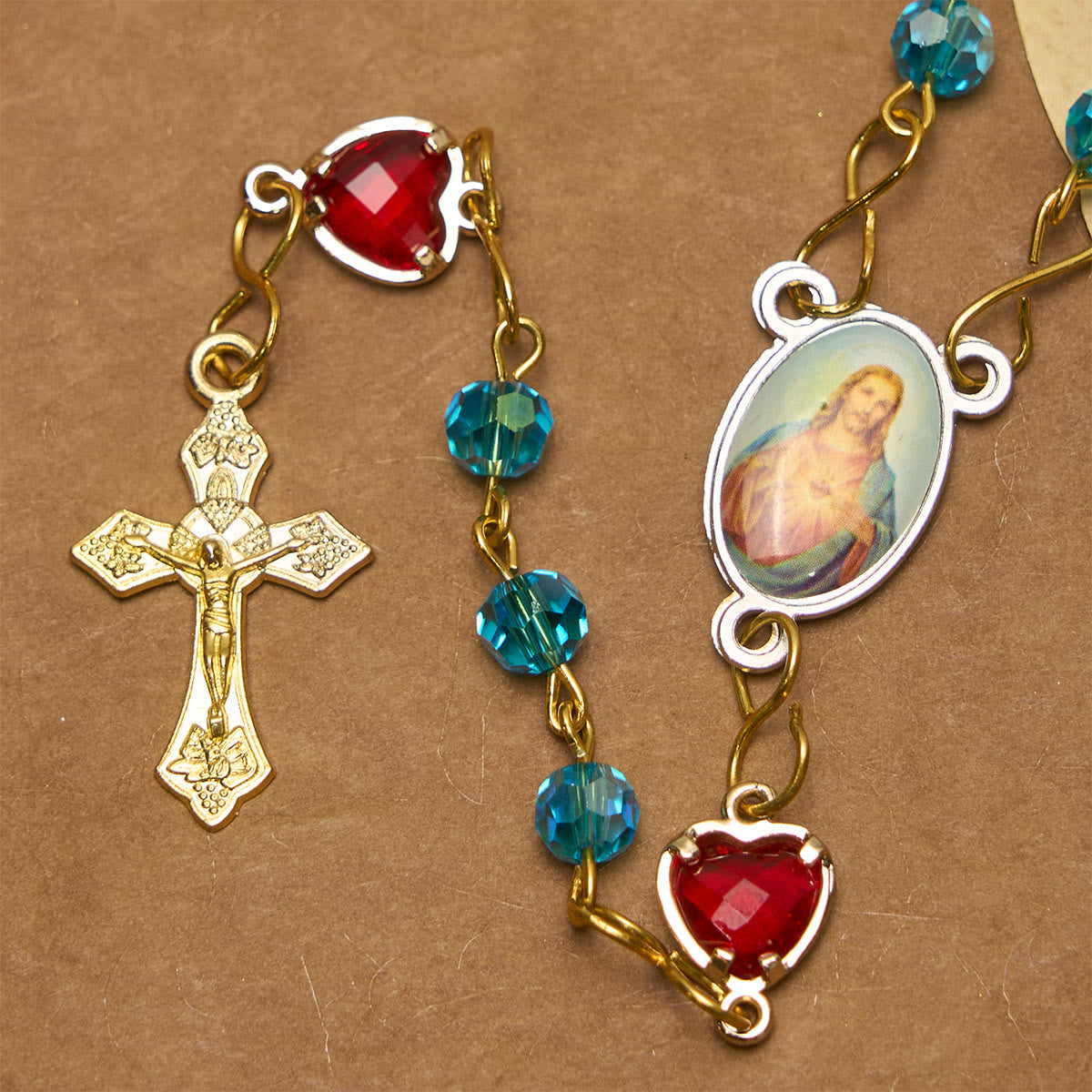Sacred Heart of Jesus & Crucifix of 6 mm Polyhedron Blue Glass Alloy Chain Rosary