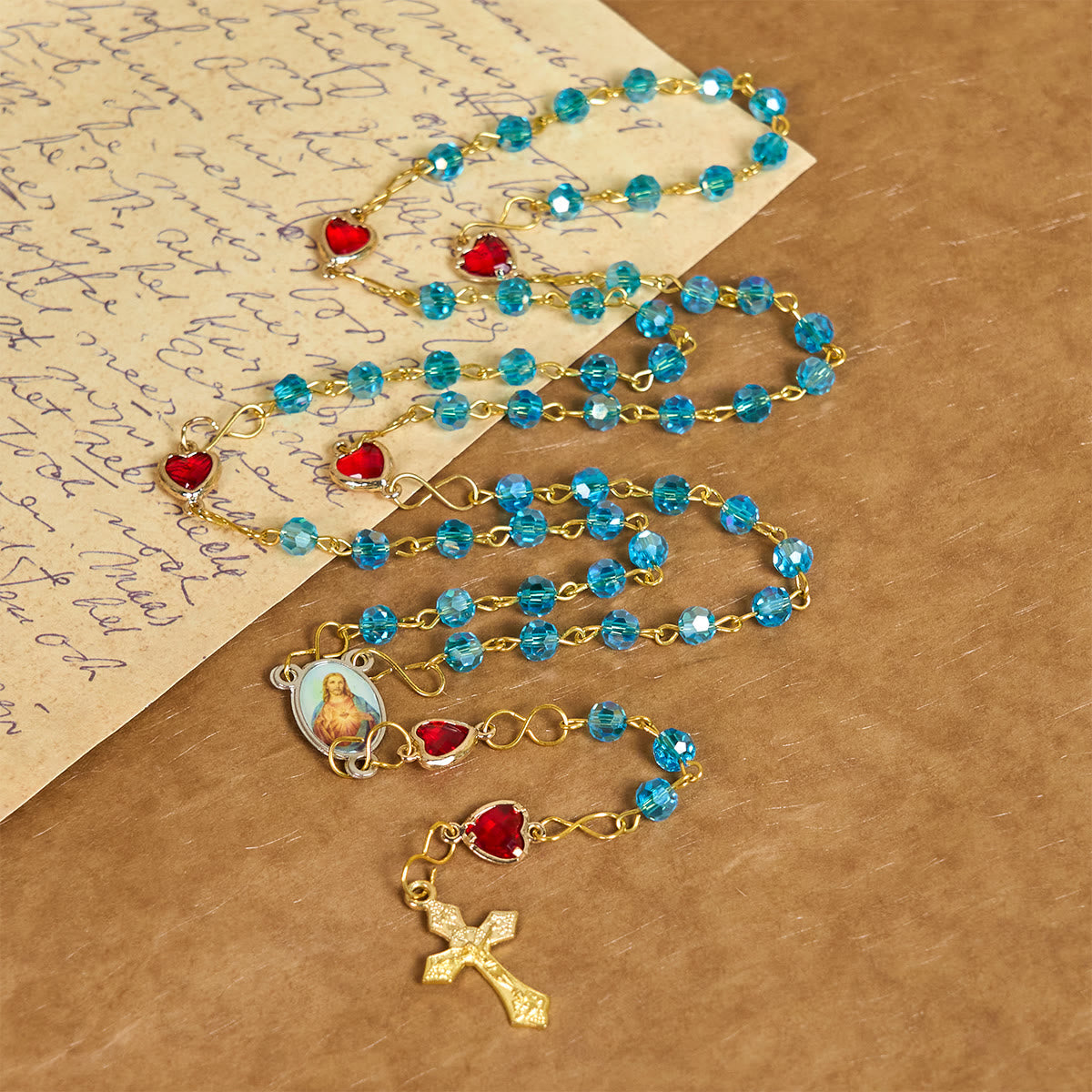 Sacred Heart of Jesus & Crucifix of 6 mm Polyhedron Blue Glass Alloy Chain Rosary
