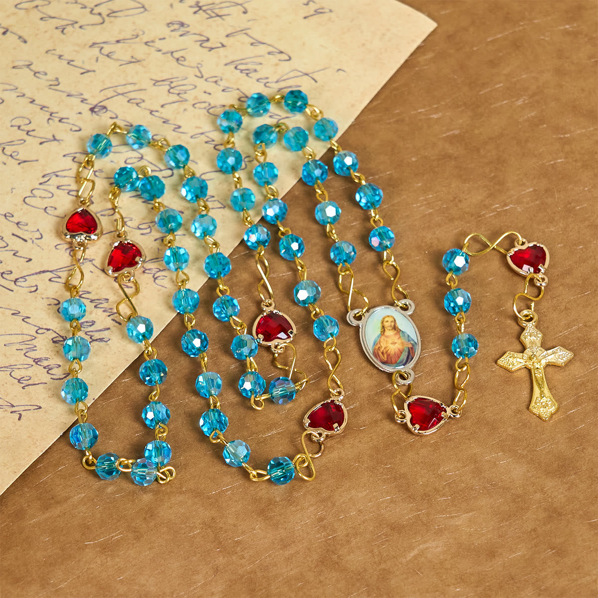 Sacred Heart of Jesus & Crucifix of 6 mm Polyhedron Blue Glass Alloy Chain Rosary