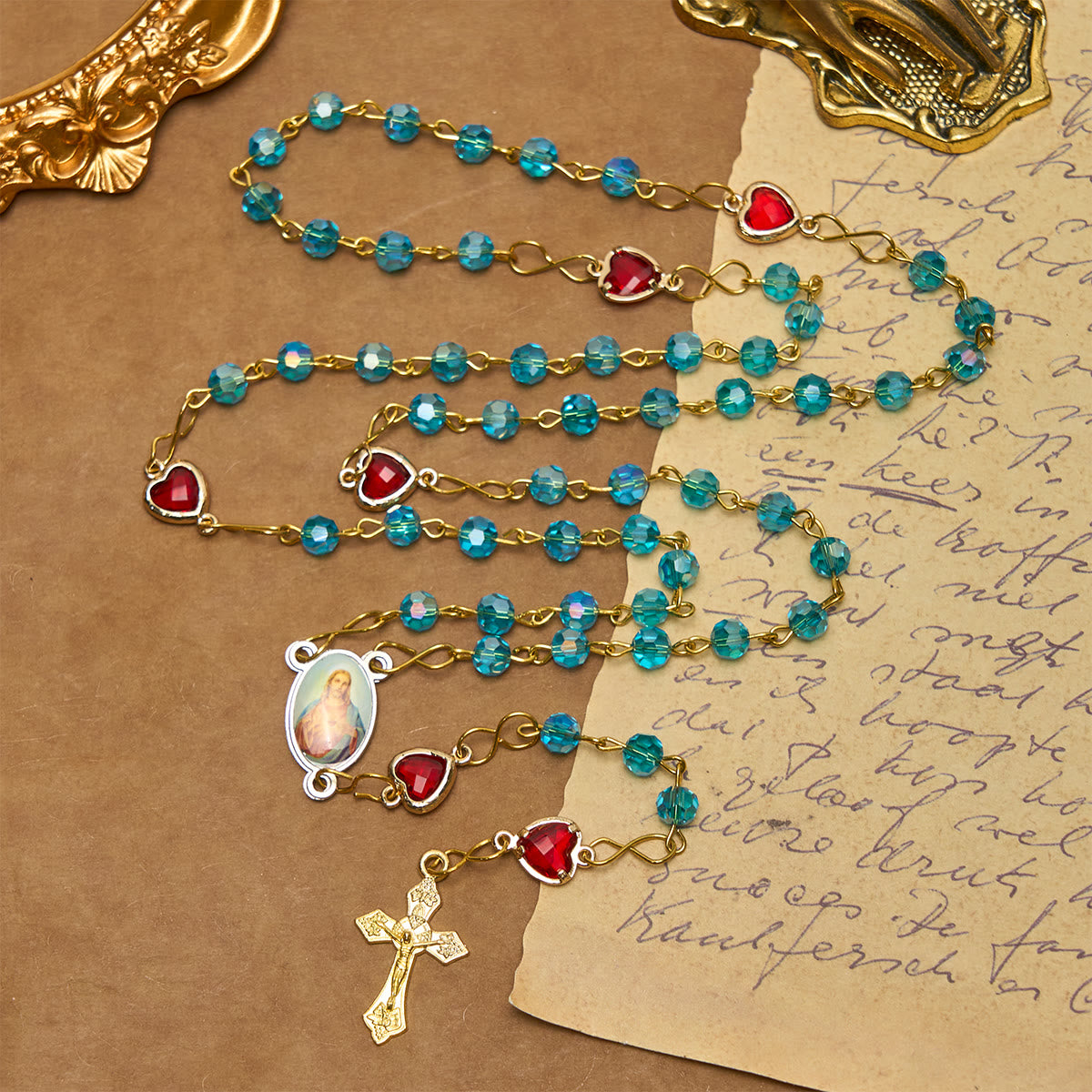 Sacred Heart of Jesus & Crucifix of 6 mm Polyhedron Blue Glass Alloy Chain Rosary