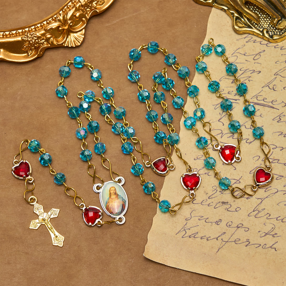 Sacred Heart of Jesus & Crucifix of 6 mm Polyhedron Blue Glass Alloy Chain Rosary