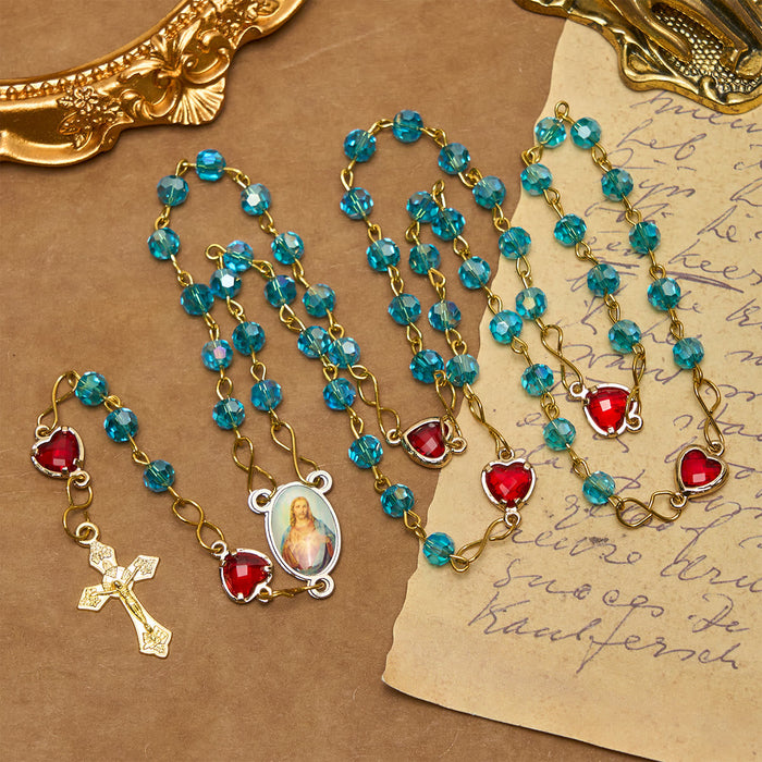 Sacred Heart of Jesus & Crucifix of 6 mm Polyhedron Blue Glass Alloy Chain Rosary